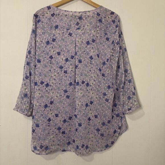 Talbots Large Purple Floral Swiss Dot 3/4 Sleeve Textured Chiffon Blouse Henley - Picture 5 of 12